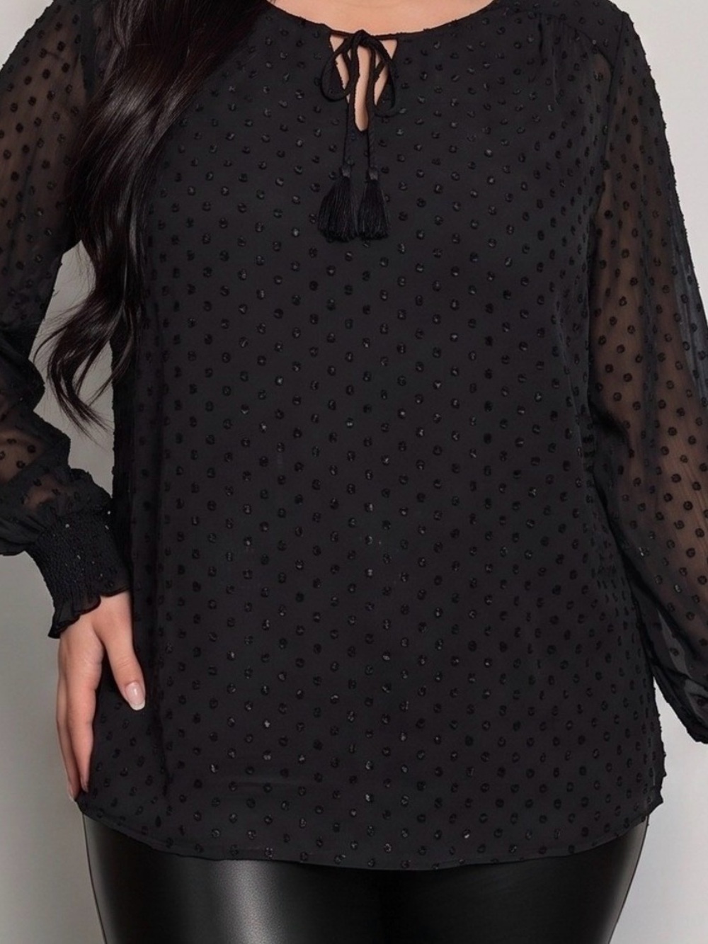 Ava & Viv Black Metallic Clip Dot Blouse Tassel Tie Long Sleeve 2X Plus Size - Picture 8 of 8